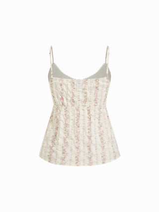 Cotton-blend Floral Scoop Neck Lace Trim Bowknot Oversized Cami Blouse