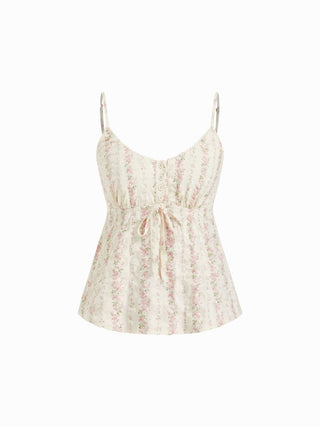 Cotton-blend Floral Scoop Neck Lace Trim Bowknot Oversized Cami Blouse