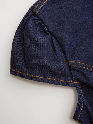 Washed Denim Stand Collar Puff Sleeve Ruched Cut Out Blouse