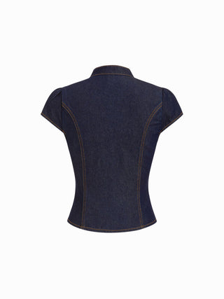 Washed Denim Stand Collar Puff Sleeve Ruched Cut Out Blouse