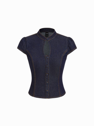 Washed Denim Stand Collar Puff Sleeve Ruched Cut Out Blouse