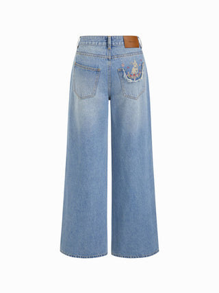Denim Mid Rise Washed Animal Embroidery Metal Detail Wide Leg Jeans