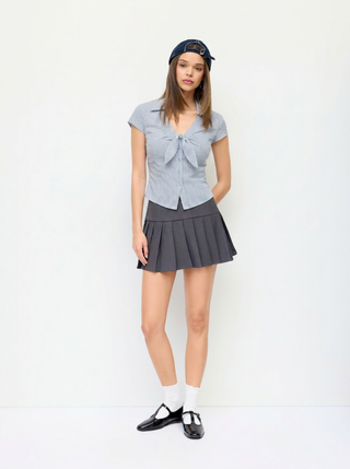 Cotton-blend Gingham Short Sleeve Twist Knotted Blouse