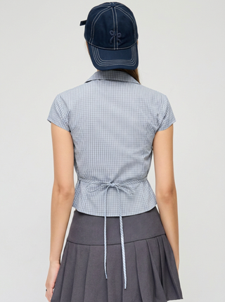 Cotton-blend Gingham Short Sleeve Twist Knotted Blouse