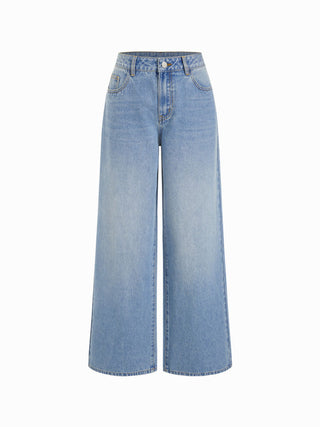Denim Mid Rise Washed Animal Embroidery Metal Detail Wide Leg Jeans