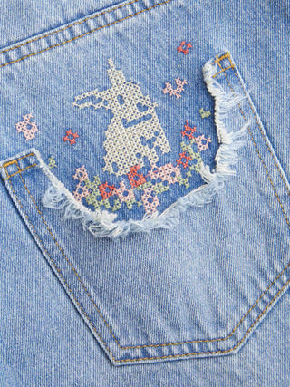 Denim Mid Rise Washed Animal Embroidery Metal Detail Wide Leg Jeans