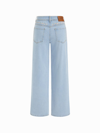 Stretch Denim Low Rise Floral Embroidery Metal Detail Straight Leg Jeans