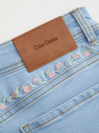 Stretch Denim Low Rise Floral Embroidery Metal Detail Straight Leg Jeans