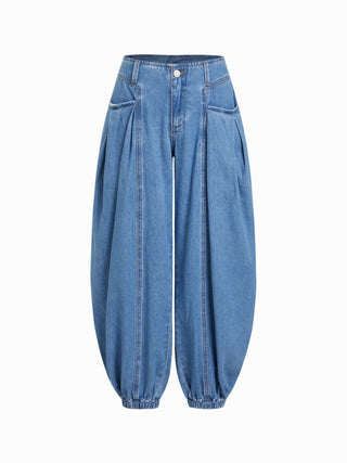 Denim Low Rise Washed Drawstring Barrel-leg Cropped Jeans