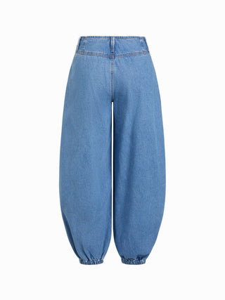 Denim Low Rise Washed Drawstring Barrel-leg Cropped Jeans