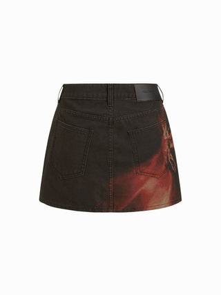 Denim Low Rise Washed Floral Graphic Metal Detail Bodycon Mini Skirt