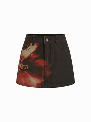 Denim Low Rise Washed Floral Graphic Metal Detail Bodycon Mini Skirt