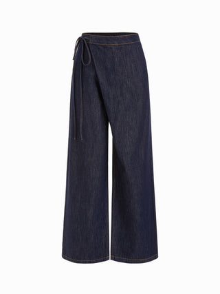 Denim Low Rise Washed Wrap Wide Leg Jeans With Belt