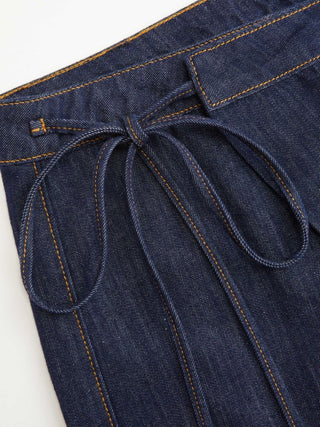 Denim Low Rise Washed Wrap Wide Leg Jeans With Belt