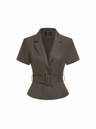 Collar Short Sleeve Peplum Belted Blazer With Shoulder Pads