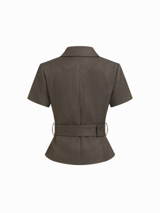 Collar Short Sleeve Peplum Belted Blazer With Shoulder Pads