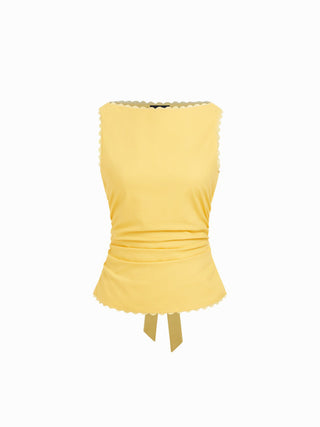 Linen-blend Boat Neck Lace Trim Knotted Sleeveless Blouse