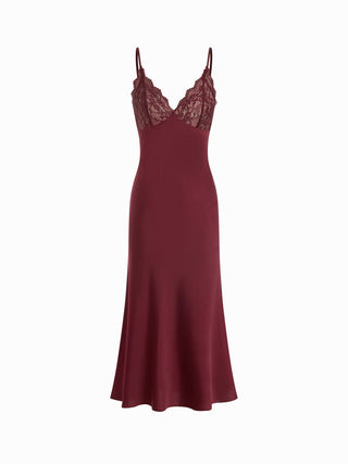 Satin V-Neck Lace Panel Mermaid Maxi Dress