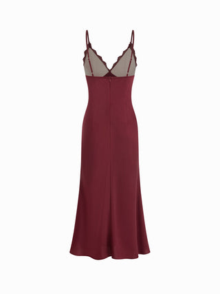 Satin V-Neck Lace Panel Mermaid Maxi Dress