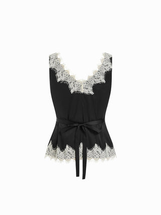 Satin V-Neck Lace Trim Wrap Top & Mid Rise Wide Leg Trousers Set