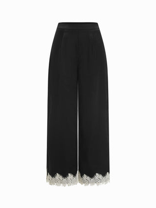 Satin V-Neck Lace Trim Wrap Top & Mid Rise Wide Leg Trousers Set