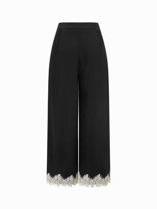 Satin V-Neck Lace Trim Wrap Top & Mid Rise Wide Leg Trousers Set