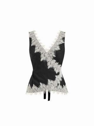 Satin V-Neck Lace Trim Wrap Top & Mid Rise Wide Leg Trousers Set