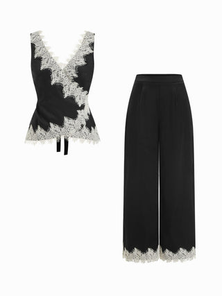 Satin V-Neck Lace Trim Wrap Top & Mid Rise Wide Leg Trousers Set