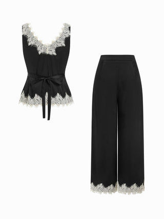 Satin V-Neck Lace Trim Wrap Top & Mid Rise Wide Leg Trousers Set