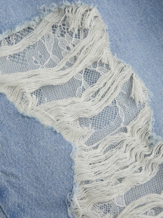 Denim Mid Rise Lace Cut Out Metal Detail Wide Leg Jeans