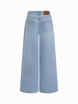 Denim Mid Rise Lace Cut Out Metal Detail Wide Leg Jeans