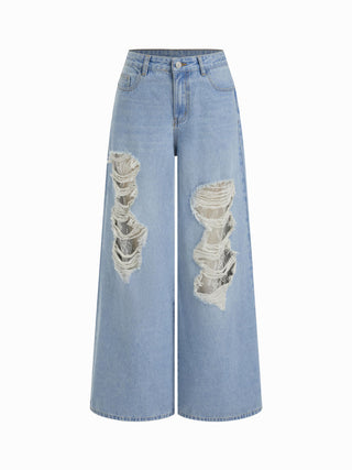 Denim Mid Rise Lace Cut Out Metal Detail Wide Leg Jeans