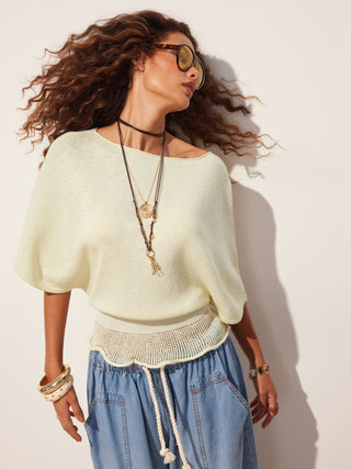 Knit Boat Neck Batwing Sleeve Ruffled Top