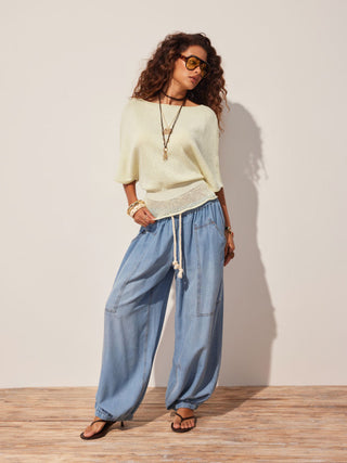 Knit Boat Neck Batwing Sleeve Ruffled Top