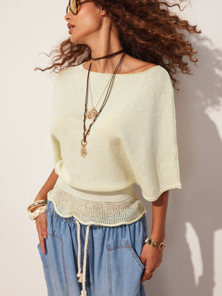 Knit Boat Neck Batwing Sleeve Ruffled Top