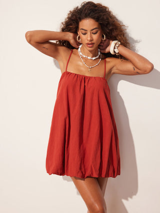 Cotton-blend Square Neck Textured Bubble Hem Mini Dress