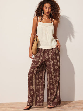 Linen-blend Square Neck Ruched Lace Trim Cami Blouse