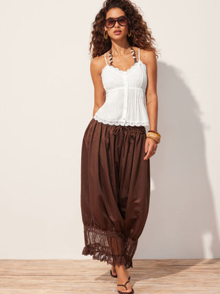V-neck Lace Trim Button Front Textured Cami Blouse