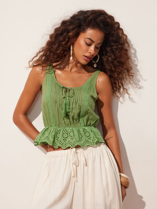 Eyelet Scoop Neck Tie Front Tassel Ruffle Hem Cami Blouse