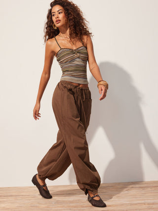 Stripe Sweetheart Neck Lace Trim Ruched Cami Top