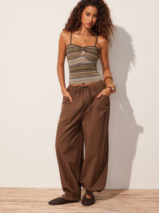 Stripe Sweetheart Neck Lace Trim Ruched Cami Top