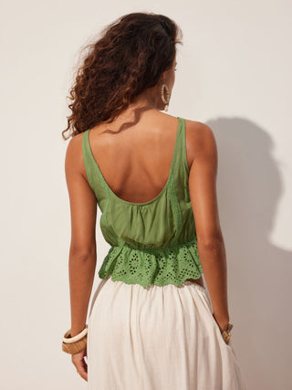 Eyelet Scoop Neck Tie Front Tassel Ruffle Hem Cami Blouse