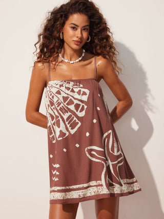 Linen-blend Starfish & Shell Graphic Oversized Smock Mini Dress