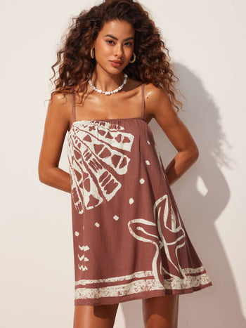 Linen-blend Starfish & Shell Graphic Oversized Smock Mini Dress