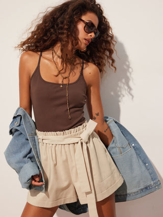Linen-blend Colorblock Scoop Neck Mid Rise Belted Romper