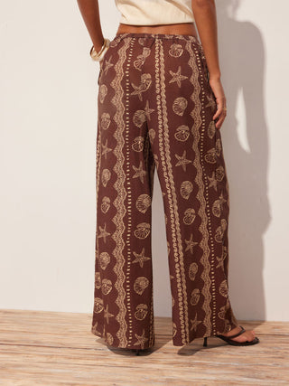 trendy-blouse-collar blouse-collar-keywords Women Blouse Collar Blouse Puff Sleeve Top Linen-blend Linen-blend Low Rise Shell and Starfish Graphic Drawstring Wide Leg Trousers For Daily Casual Vacation