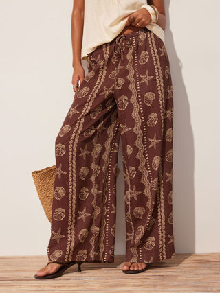 trendy-blouse-collar blouse-collar-keywords Women Blouse Collar Blouse Puff Sleeve Top Linen-blend Linen-blend Low Rise Shell and Starfish Graphic Drawstring Wide Leg Trousers For Daily Casual Vacation