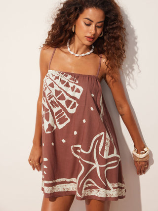 Linen-blend Starfish & Shell Graphic Oversized Smock Mini Dress