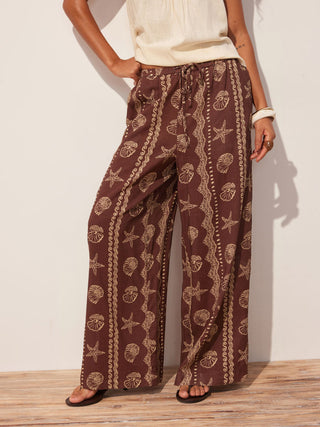 trendy-blouse-collar blouse-collar-keywords Women Blouse Collar Blouse Puff Sleeve Top Linen-blend Linen-blend Low Rise Shell and Starfish Graphic Drawstring Wide Leg Trousers For Daily Casual Vacation