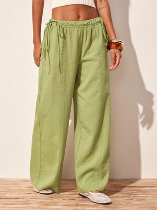 Cotton-blend Mid Rise Drawstring Wide Leg Trousers